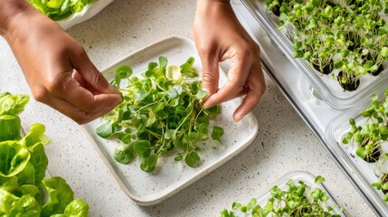 Top-down view of white plate with fresh salad and homegrown herbs, hand placing garnish, clean healthy composition