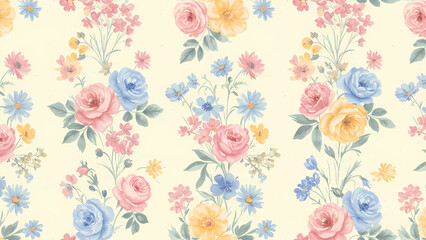 Obraz premium Soft Pastel Watercolor Floral Seamless Pattern with Roses and Delicate Blooms