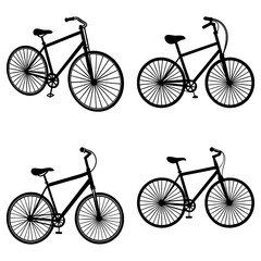Four bicycle silhouettes arranged in a pattern showcasing different bicycle frame styles and designs