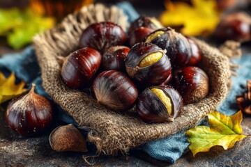 Freshly harvested chestnuts arranged in a rustic basket with autumn leaves on a dark surface
