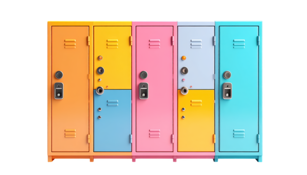 A row of colorful lockers, bright and organized storage for students in school hallway