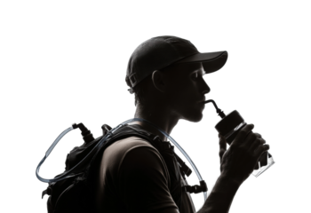 Hiking adventure thirst quenching hydration outdoors lifestyle silhouette view isolated on transparent background, png