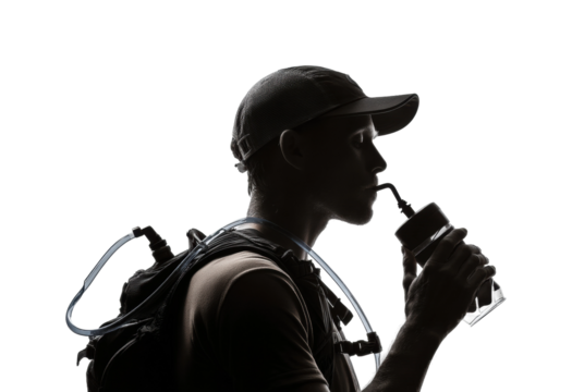 Hiking adventure thirst quenching hydration outdoors lifestyle silhouette view isolated on transparent background, png