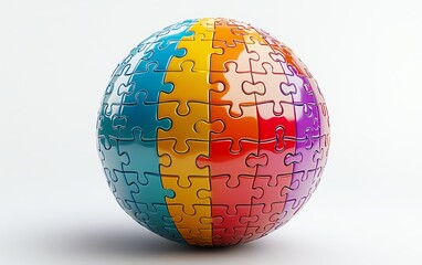 Spherical puzzle isolated on a white background, 3D illustration, highly detailed, vivid colors, modern design, ultrarealistic, seamless connection of pieces, highresolution 8K