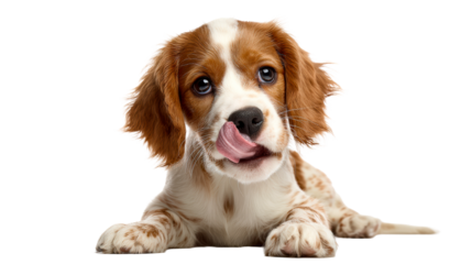 Cute dog licks its nose while lying on a transparent background