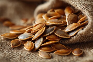 Obraz premium Pumpkin seeds spill from a burlap sack on a textured surface in a warm, rustic setting