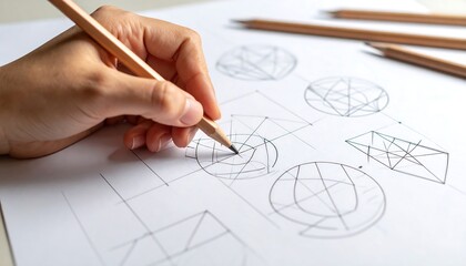 Hand Sketching Diamond Designs with Pencil on White Paper, Close-Up View