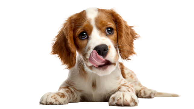 Cute dog licks its nose while lying on a transparent background