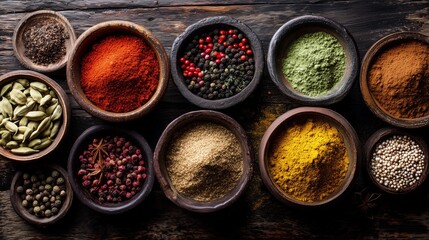Overhead View of Assorted Colorful Spices in Bowls on Dark Wooden Table – Vibrant Natural Ingredients with Rich Textures and Culinary Atmosphere, Ideal for Food Backgrounds