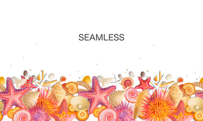 Vector seamless pattern with sea creatures isolated on a white background. Starfish, sea urchin, shells, mussels, beach, ocean. Vector illustration.