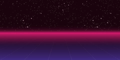 Retro neon background with 80s styled laser grid and stars from vintage arcade computer games