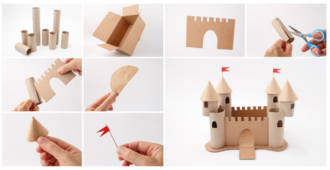 Step by step DIY cardboard castle project with red paper flags for eco art campaigns, creative workshops, stationery brands, upcycling initiatives, educational or hobby content use,