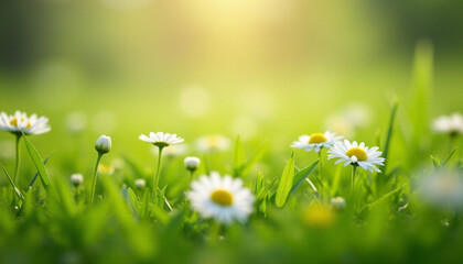 Beautiful blooming daisies in a lush green meadow with soft sunlight and a natural bokeh background. Perfect for spring and summer themes, nature design, and wellness visuals.
