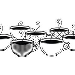 Obraz premium Seamless Pattern of Coffee Cups and Steam Black and White Illustration for Backgrounds and Designs