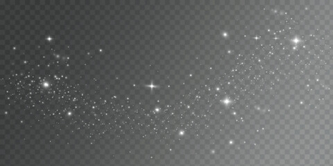 Christmas Dust. Christmas Bokeh Lights. Festive Designs.White png dust light. Christmas background of shining dust. Spark overlay. Holiday powder dust for cards, invitations, banners, and ads.