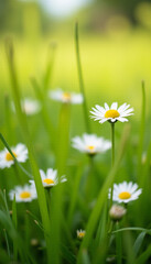 Beautiful blooming daisies in a lush green meadow with soft sunlight and a natural bokeh background. Perfect for spring and summer themes, nature design, and wellness visuals.