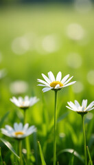 Beautiful blooming daisies in a lush green meadow with soft sunlight and a natural bokeh background. Perfect for spring and summer themes, nature design, and wellness visuals.