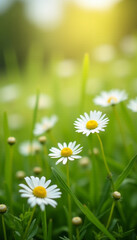 Beautiful blooming daisies in a lush green meadow with soft sunlight and a natural bokeh background. Perfect for spring and summer themes, nature design, and wellness visuals.