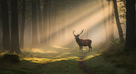 Majestic Stag in a Mystical Forest: Sunbeams and Wildlife Harmony in Nature