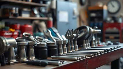Fototapeta premium Automotive tools meticulously arranged, showcasing precision and craftsmanship in a workshop.