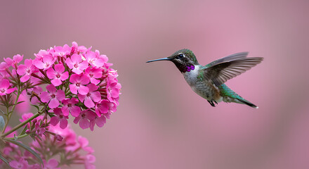 Fototapeta premium Hummingbird feeding on vibrant pink blossoms, capturing delicate motion and natural beauty in a serene floral environment 