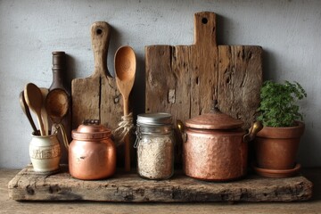 Rustic kitchen display features wooden utensils and vintage cookware arranged on a natural wooden surface