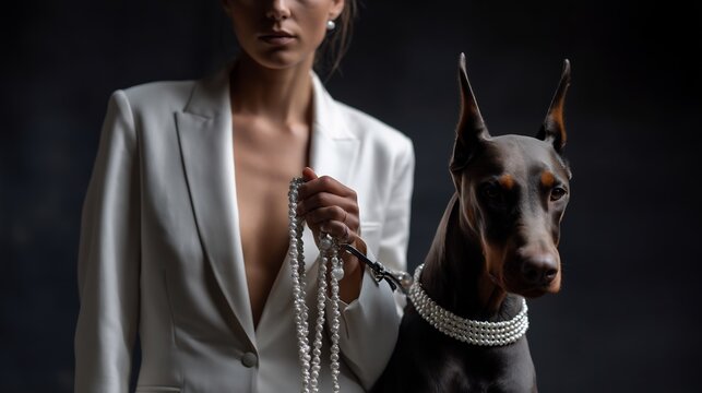 Elegant Portrait of a Woman in White with Doberman Dog Adorned with Pearls