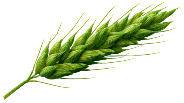 Green wheat ear ready for harvest in a sunny agricultural field
