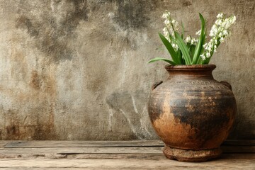 Rustic pottery vase with white flowers placed against a textured wall in a cozy setting