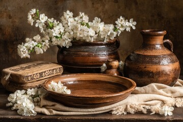 Crafted clay pottery arranged with delicate white blossoms on a rustic wooden surface