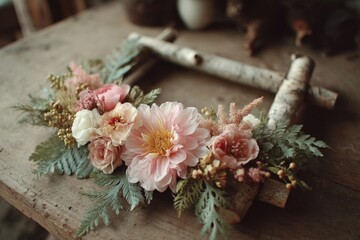Handmade floral wreath made of pink and white flowers on a rustic wooden table