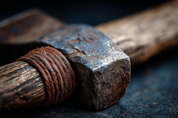 Old hand-forged hammer resting on a wooden handle showcasing a rustic craftsmanship and historic tools