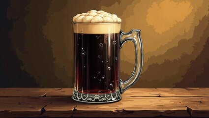 Ornate beer mug with dark brew and frothy head on a wooden surface.