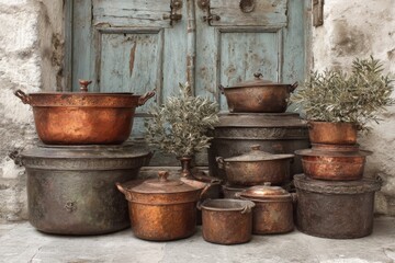 Naklejka premium Collection of antique copper and metal pots displayed against an old wooden door in a rustic setting