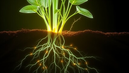 An X-ray view of plant roots unveiling a hidden glowing network weaving through the soil.