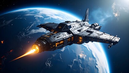 Spaceship flies above mysterious planet