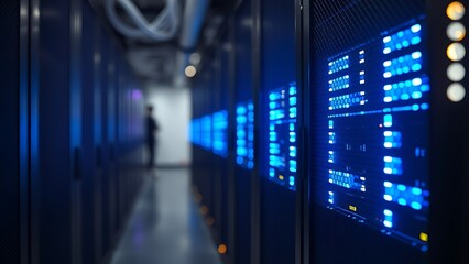 Blue-lit server rack in a data center, showcasing advanced technology with a cool abstract background.
