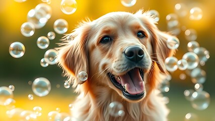 A playful golden retriever surrounded by soap bubbles, bathed in warm yellow natural light.