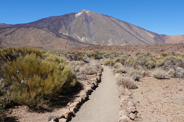 Wanderweg in Vulkanlandschaft Hochfläche Las Cañadas auf Teneriffa mit Teide