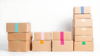 Stacked cardboard shipping boxes with colorful tape on a clean white backdrop.