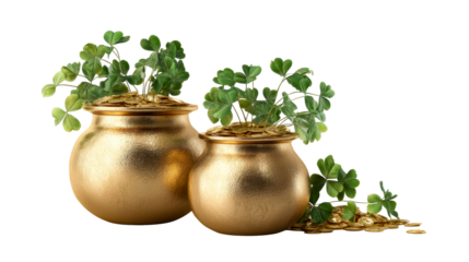 Gold pots filled with clovers and coins on a transparent background