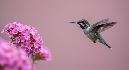Fototapeta premium Hummingbird feeding on vibrant pink blossoms, capturing delicate motion and natural beauty in a serene floral environment 