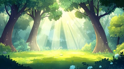 Sunlit glade in a lush forest.