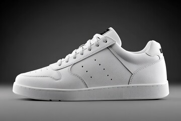 White leather low-top shoe, all-white background, minimalist details, thin side stitching, light gray to off-white subtle transition, single-line edge stripes, 4K hyper-realistic no brand/text