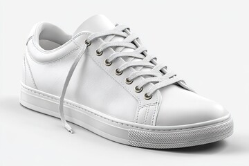 Low-top white leather shoe, all-white backdrop, minimal details, small side stitching, light gray to off-white soft shades, single-line edge stripes, 4K HD no brand/text material