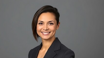 Confident business professional in formal attire, exuding professionalism and approachability in a neutral setting.