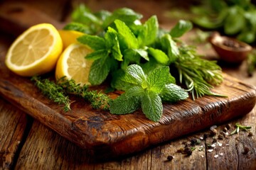 Fresh herbs and lemons arranged on a rustic wooden cutting board in a cozy kitchen setting