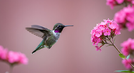 Fototapeta premium Hummingbird feeding on vibrant pink blossoms, capturing delicate motion and natural beauty in a serene floral environment 