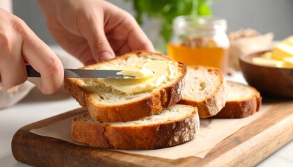 Hands Spreading Butter on Freshly Baked Bread Slices