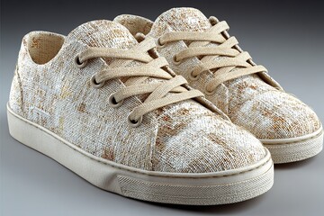 Low-top linen sneakers, neutral beige and white tones, ultra-detailed craftsmanship, 4K high-quality no blur, no brand/text/light rays material